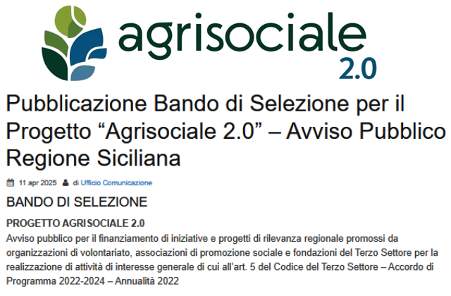 Pubblicazione Bando di Selezione per il Progetto “Agrisociale 2.0” – Avviso Pubblico Regione Siciliana